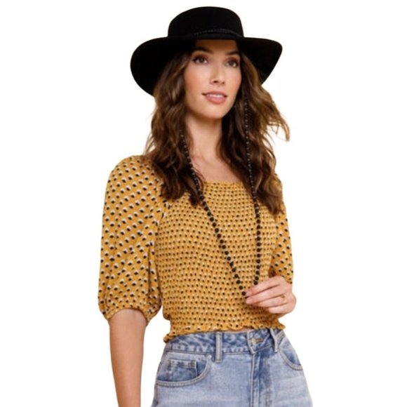 Angie Tops - Puff Sleeve Dot Smocked Top Francesca's